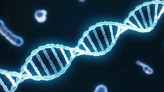 A luminous double helix spins gracefully with floating bio-particles around it &mdash; 4K science and DNA loop animation.