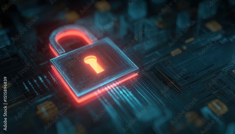 Poster Digital illustration of a glowing padlock securing digital information on a circuit board, representing cybersecurity and data protection