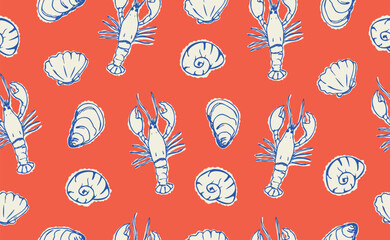Hand drawn Italian Mediterranean seafood seamless pattern. Italy summer print, background with lobster, shell, oyster. Amalfi coast sea blue elements for Italy food menu, wedding, sketch. Vector illus
