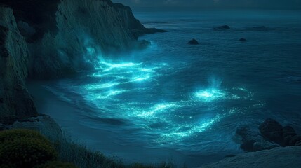 Enchanted Coastal Night: Bioluminescent Waves Illuminating the Shore
