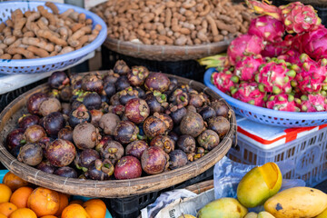 Local market with exotic fruits in Vietnam, Nha Trang resort. 