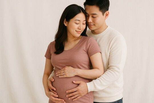 Korean Husband and Pregnant Wife, Asian Couple Expecting Baby, Korean Pregnant Couple Photo, Maternity Image of Asian Husband and Wife, Expecting Parents Together