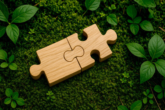 Two wooden puzzle pieces joined together on moss