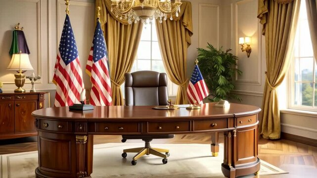 Executive office featuring oval wooden desk, leather chair, and two American flags, bathed in soft natural light from the window