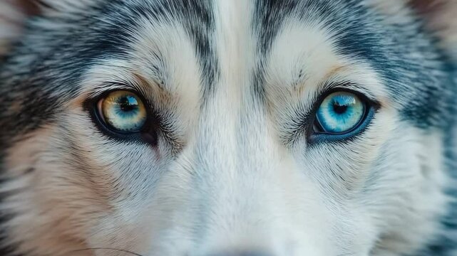 husky eyes close-up with heterochromia, husky dog eyes intense close-up, husky eyes with two different colors, heterochromia eye detail, wolfdog close-up portrait, intense animal gaze