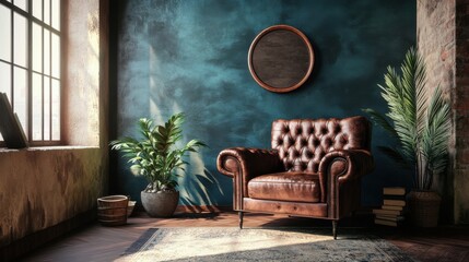luxurious leather armchair in a vintage industrial interior