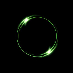 Abstract light lines effect of a green kirkle on a black background.	