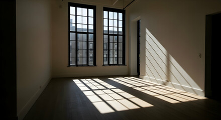 Obraz premium Sunlight Through Large Windows Illuminates an Empty Room In a Modern Loft