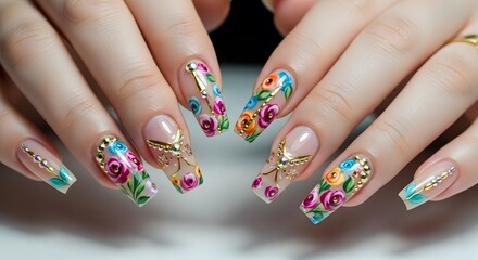 Elegant Floral Nail Art:  A Delicate and Colorful Design