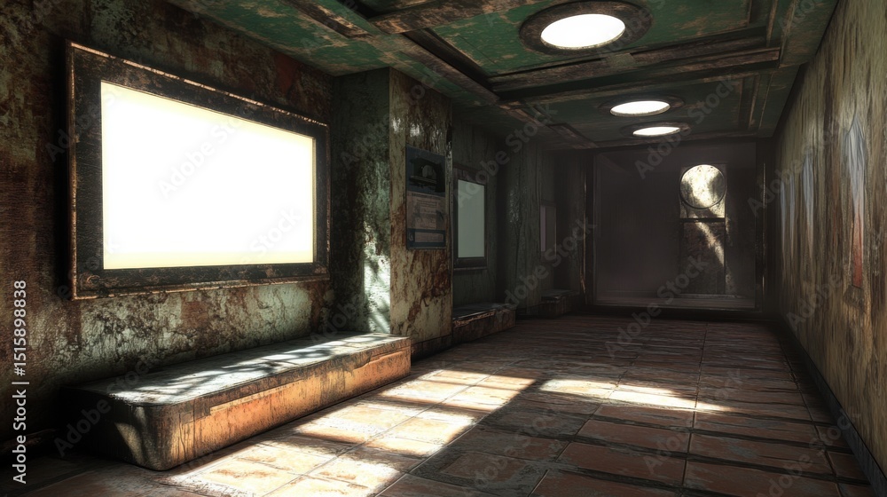 Poster abandoned hallway with rusted walls and empty frames