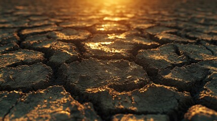 Sunset over Cracked Earth: Arid Landscape at Golden Hour