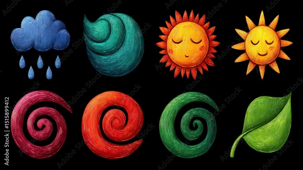 Poster colorful hand-drawn weather symbols representing rain clouds sunshine and swirling natural elements 