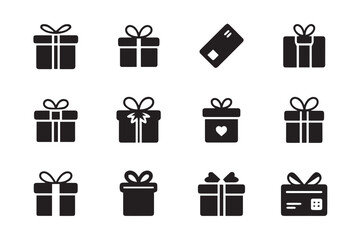 A collection of twelve gift box icons, including various styles and designs