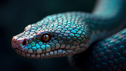 Fototapeta premium Close Up of a Vibrant Green Blue Snake with Textured Scales and Intense Orange Eyes
