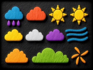 Fototapeta premium Colorful illustration of various weather icons like sun, clouds, and rain droplets arranged artistically on a black backdrop creating a vibrant seasonal concept inspired by playful design