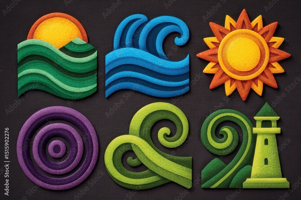 Poster colorful abstract elements depicting waves sun and swirling patterns create a vibrant coastal theme 
