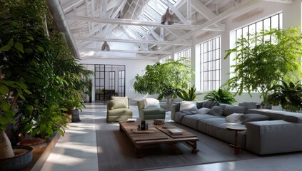 High-ceiling living room with lush plants, cozy seating, and an airy ambiance.