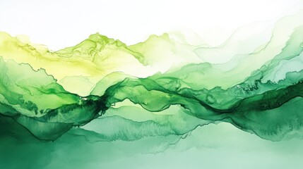 Abstract Green Landscape: Alcohol Ink Painting of Serene Mountains and Valleys