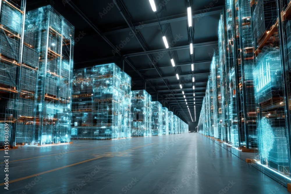 Poster futuristic warehouse displaying real-time logistics data using advanced holographic technology.