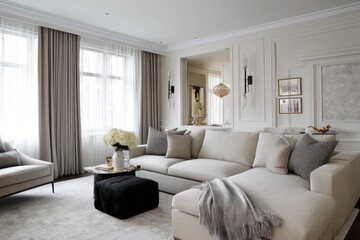 Stylish living room featuring neutral tones, a sectional sofa, and minimalistic decor touches.