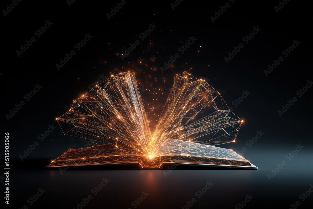 Poster low-poly open book emitting glowing lines, symbolizing the flow and exchange of knowledge.