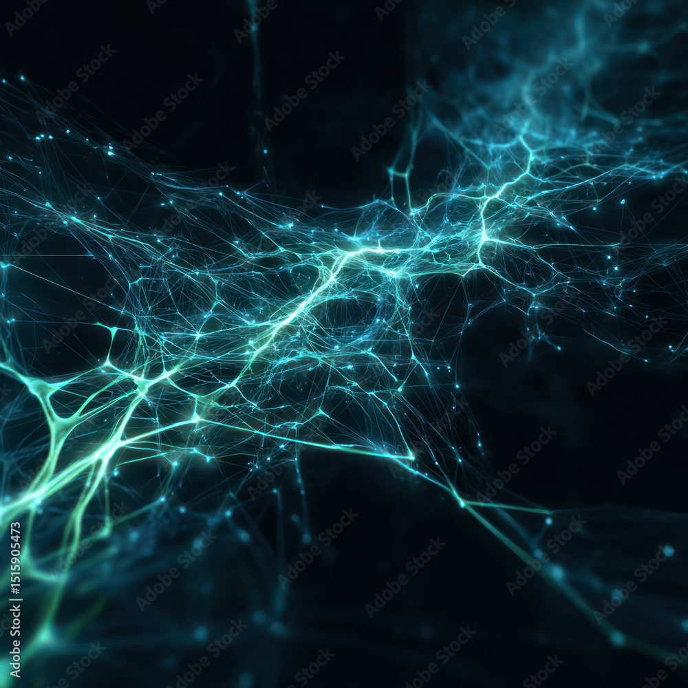 Poster luminous neural pathways depicted as a line network, showcasing brain activity in a digital format.