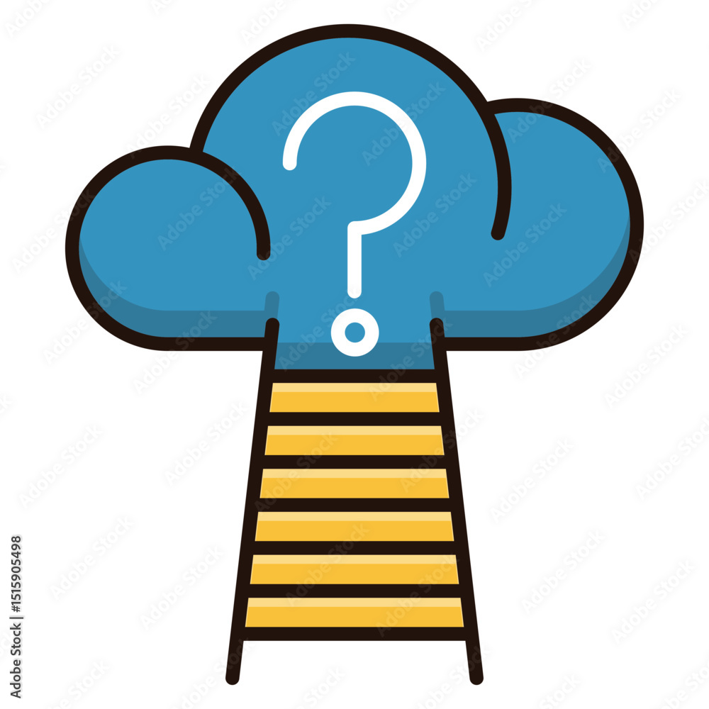 Poster conceptual illustration of a cloud with a question mark representing uncertainty and ideas