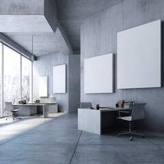 Functional home office with raw concrete walls, large whiteboard frames, and ergonomic desk setup.