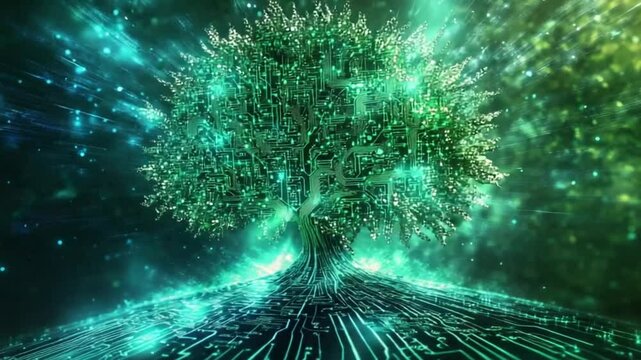 Digital tree of glowing circuit board patterns