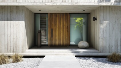 Entrance of a modern house, with a simple yet stylish wooden front door for a clean look.