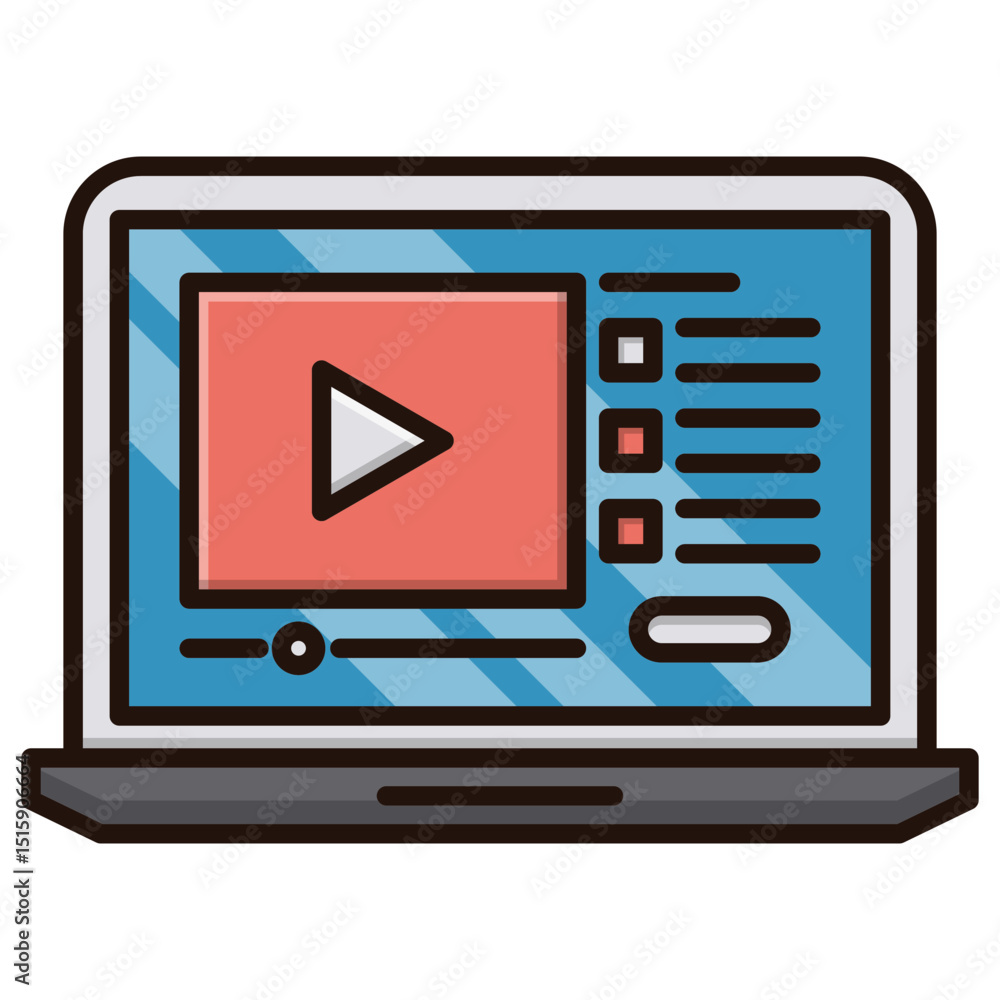 Poster laptop displaying red play button against a blue screen transparent background