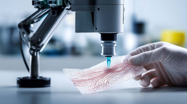 Advanced laboratory technology developing artificial skin with blood vessels for human transplantation. Concept of medical innovation, biotechnology, and tissue engineering.