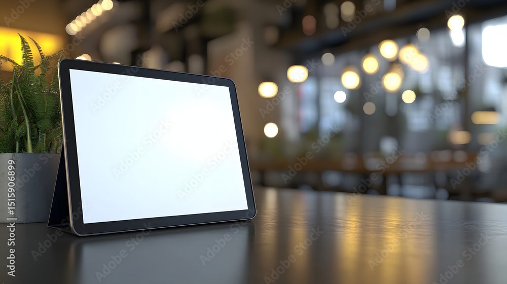 Poster a tablet computer with a blank screen on a dark table, in a cafe setting.