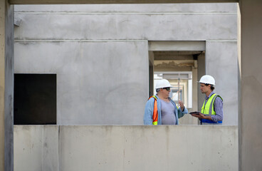 Two construction worker in hard hat and bright safety vest converse while review plan on tablet computer. Working atmosphere at a construction site with unfinished concrete wall.