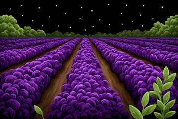Obraz premium Expansive lavender field bathed in moonlight under a starry sky showcasing vibrant purple blooms and lush greenery creating a serene and tranquil outdoor landscape