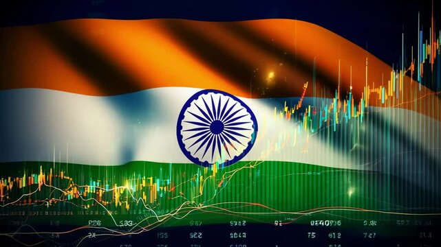 The Indian national flag waving with a digital stock market graph overlay representing patriotism finance economy and national identity in a global trade concept - Powered by Adobe