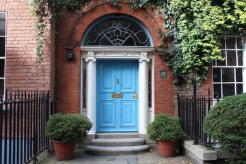 Home entrance with a blue door, enhancing the welcoming feel of the property's facade.