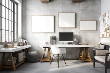 Clean, organized home office with whiteboard frames, concrete walls, and a modern desk setup.