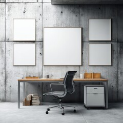 Neat and efficient home office with whiteboard frames on concrete walls and a simple desk setup.