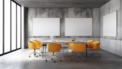 Efficient meeting room with whiteboard frames, concrete wall features, and contemporary seating.
