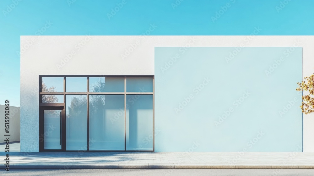 Poster modern minimalist store front design with large windows and ligh