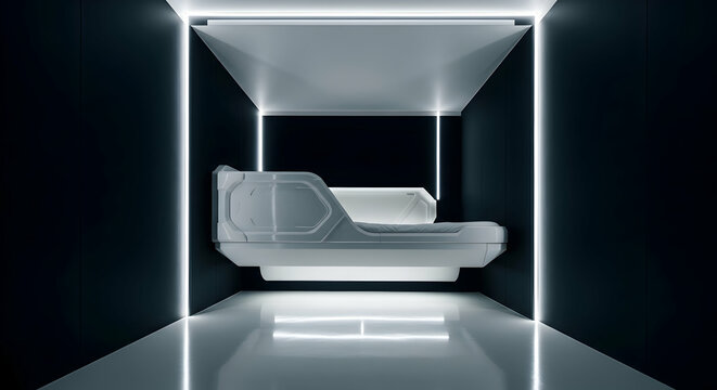 Futuristic Cryosleep Chamber Interior with Neon Lighting Accentuates Modern Design