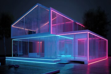 Modern glass house featuring vibrant neon pink and blue lights, offering a futuristic design.