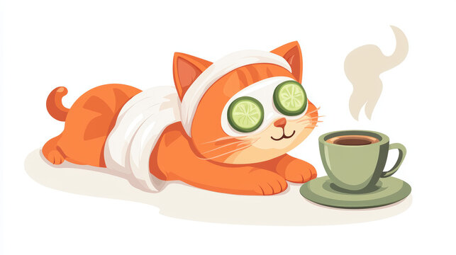 Relaxed Cat Enjoying Spa Day. A cute cartoon cat enjoys a relaxing spa day with cucumber slices and a warm cup of tea.