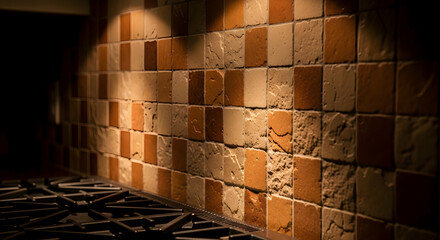 Obraz premium Rustic Kitchen Interior Displaying Tiled Wall Above Cooktop With Spot Lighting