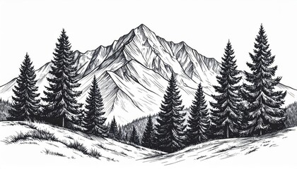 black and white mountain sketch with pine trees on a hillside landscape, vector illustration