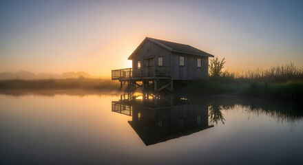 Obraz premium Idyllic Sunrise Scene With Wooden Cabin Reflected In Calm Waters