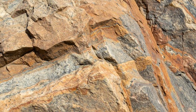 A close up image of rough, textured rock formation with various shades of brown, gray, and orange, showing intricate patterns and natural details.