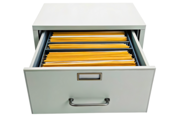 Open the filing cabinet drawer reveal organized yellow file folders isolated with transparent background