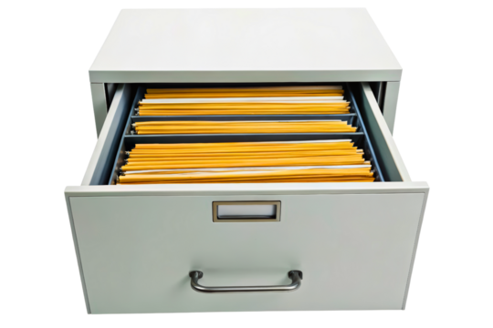 Open the filing cabinet drawer reveal organized yellow file folders isolated with transparent background